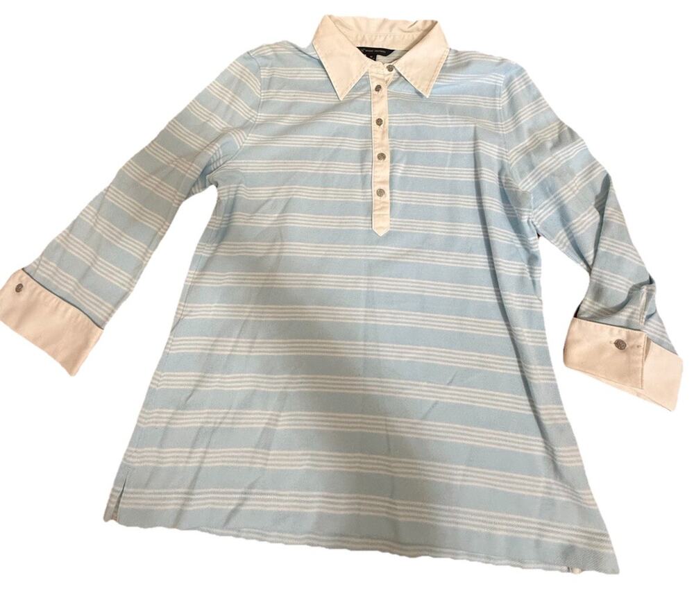 BROOKS BROTHERS 346 Woman’s White & Blue Striped Cotton Shirt with Cuffs Medium